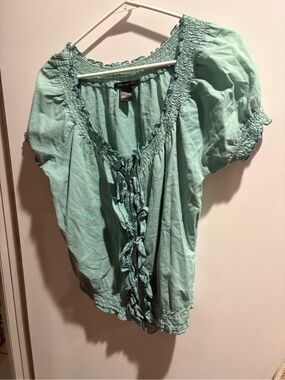 Light Teal Ruffled Peasant Top - Women's